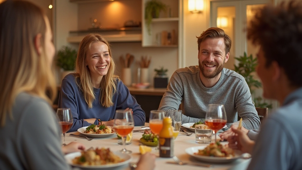 Gezin van vier personen lachend samen aan eettafel met maaltijd