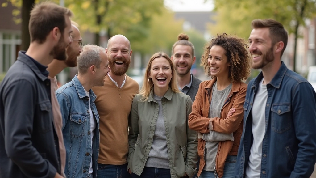 Groep van diverse mensen die gezellig bij elkaar staan en lachen in een informele buurt setting
