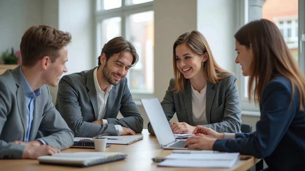 Diverse groep professionals in moderne werkruimte, collaboratief moment met laptops en notitieblokken