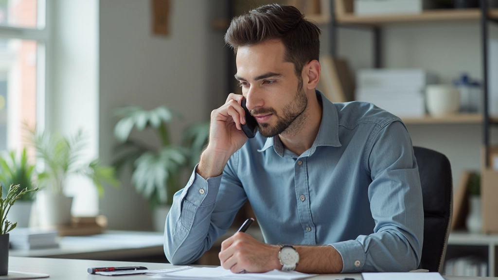 Jongeman aan telefoon in moderne thuiskantoor, professioneel gekleed, notities makend