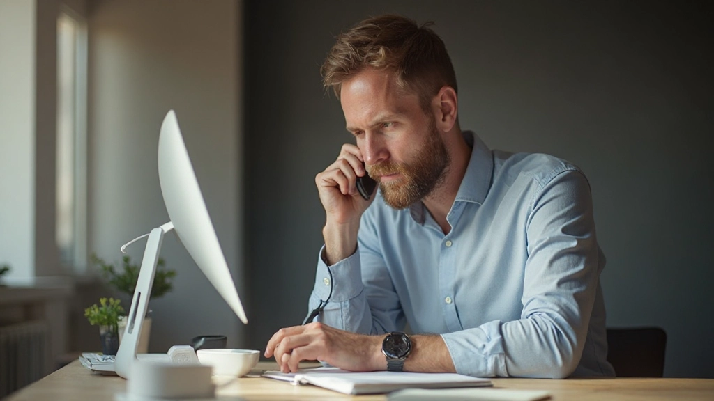 Jongeman aan telefoon in moderne thuiskantoor, professioneel gekleed, notities makend