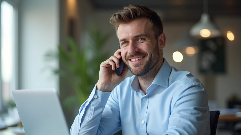 Man voert zakelijk telefoongesprek in moderne kantooromgeving