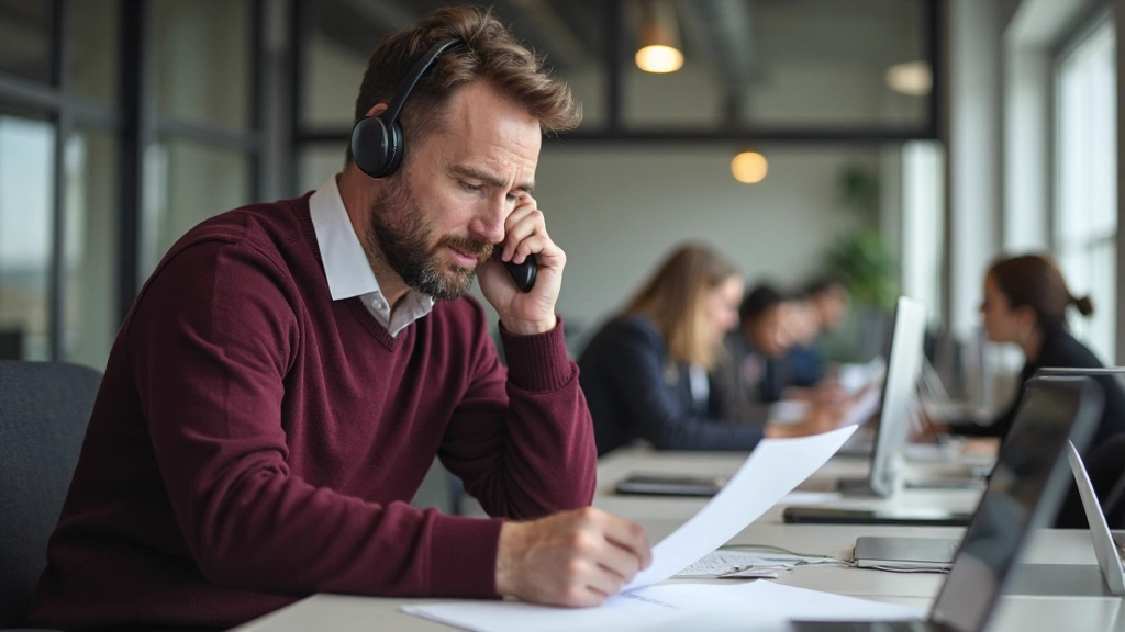 Zakenman met koptelefoon aan werkplek voert gesprek
