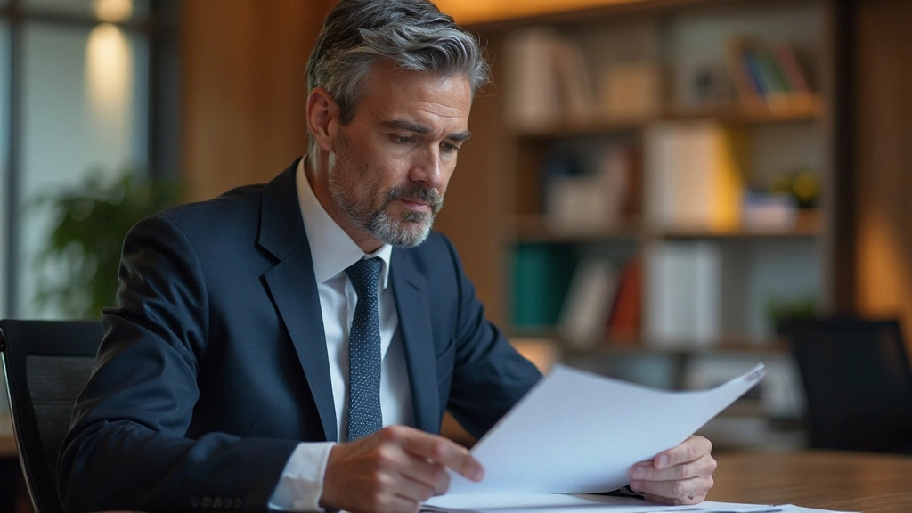 Professionele man leest Nederlands bedrijfsdocument aan zijn bureau in kantoor