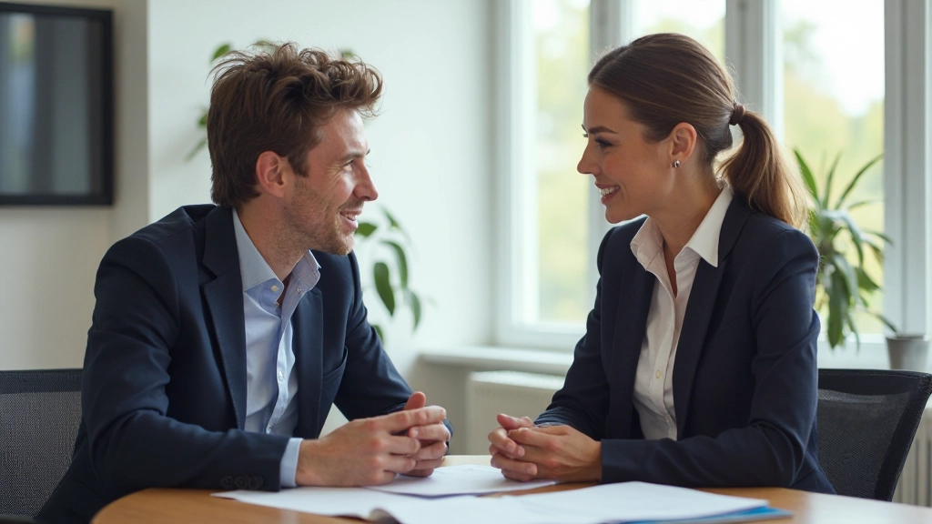 Professioneel gesprek tussen twee collega's in een modern kantoor, vriendschappelijk maar zakelijk