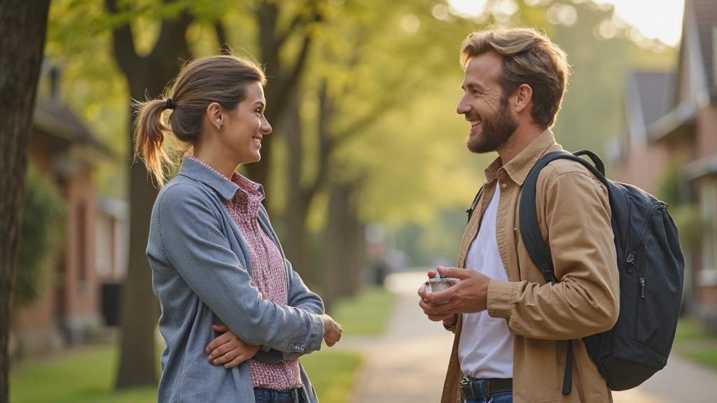 Een man en vrouw die lachend buiten staan en over het weer praten op een zonnige dag