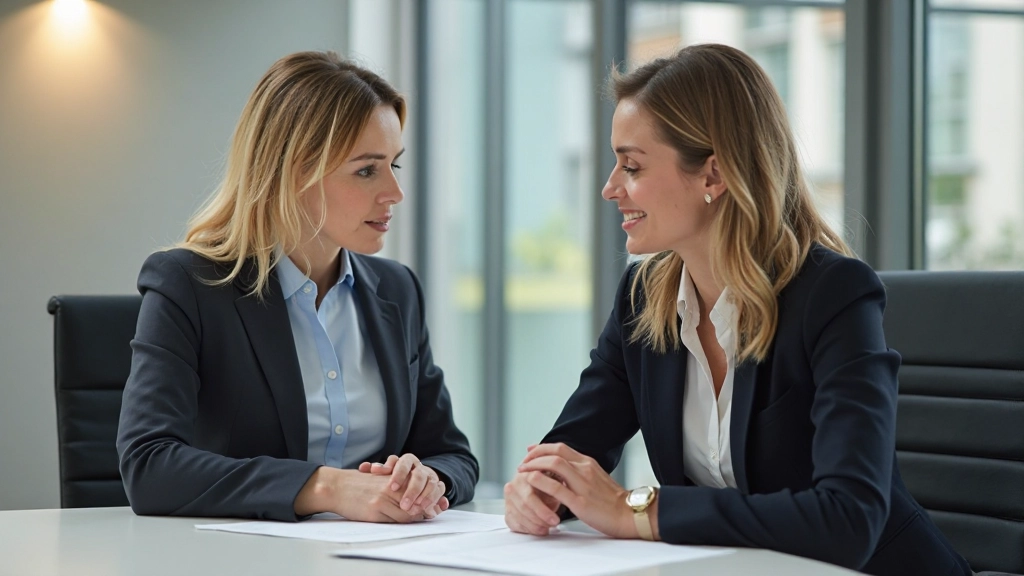 Professionele kantooromgeving met twee zakenvrouwen in discussie bij vergadertafel, natuurlijke verlichting