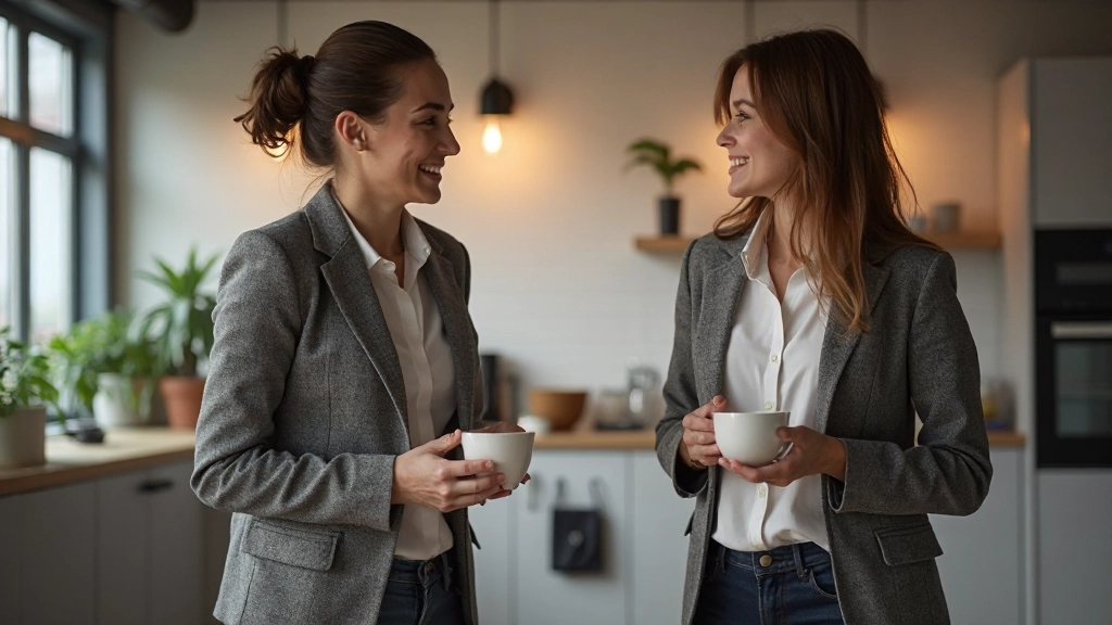 Twee collega's voeren een gezellig gesprek in een moderne kantooromgeving met koffiekopjes