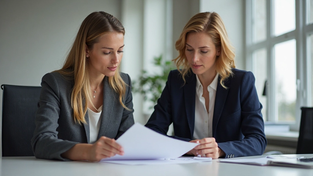 Professionele kantooromgeving met twee zakenvrouwen in discussie bij vergadertafel, natuurlijke verlichting