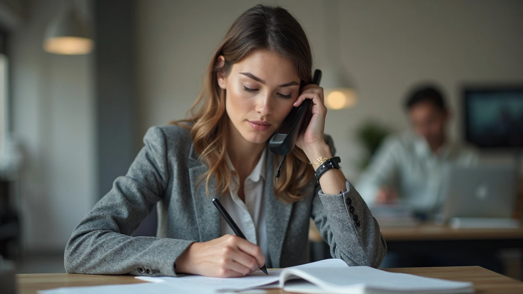 Vrouwelijke professional voert telefoongesprek en maakt notities