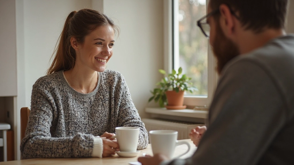 Vrouw aan keukentafel met kopje koffie, vriendschappelijk in gesprek met buurtbewoner