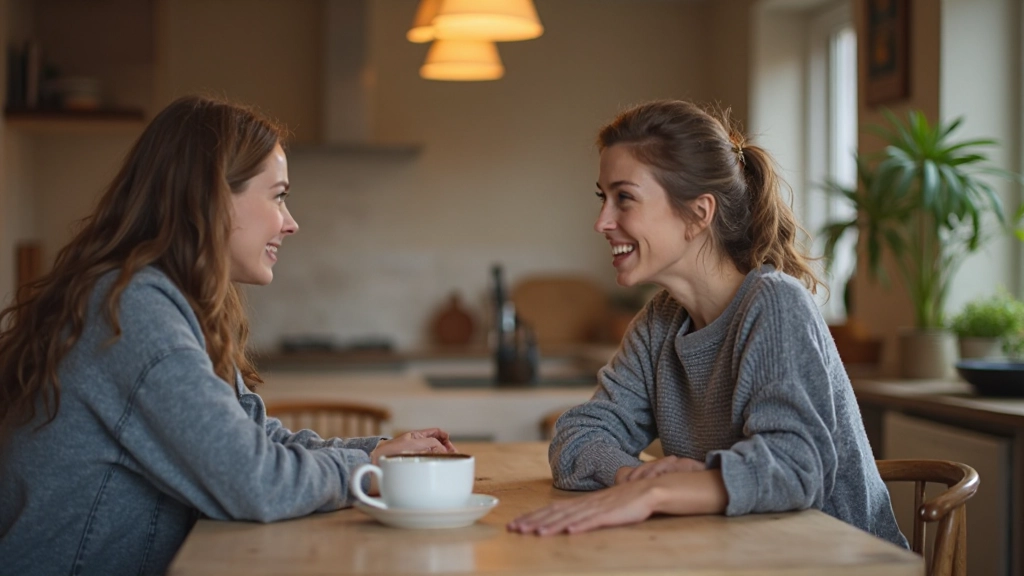 Vrouw aan keukentafel met kopje koffie, vriendschappelijk in gesprek met buurtbewoner