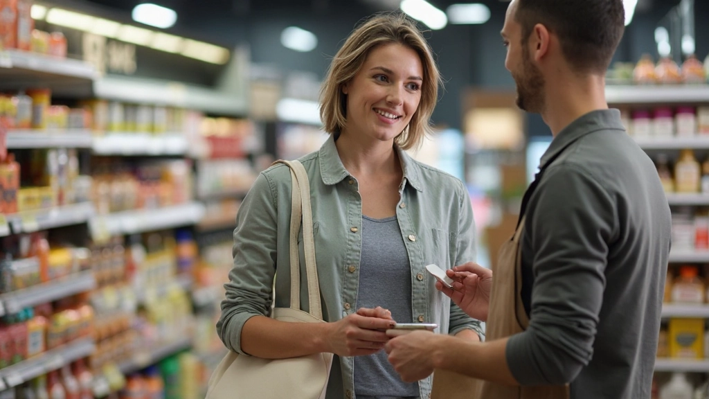 Vrouw aan het boodschappen doen in een Nederlandse supermarkt die met een medewerkster praat