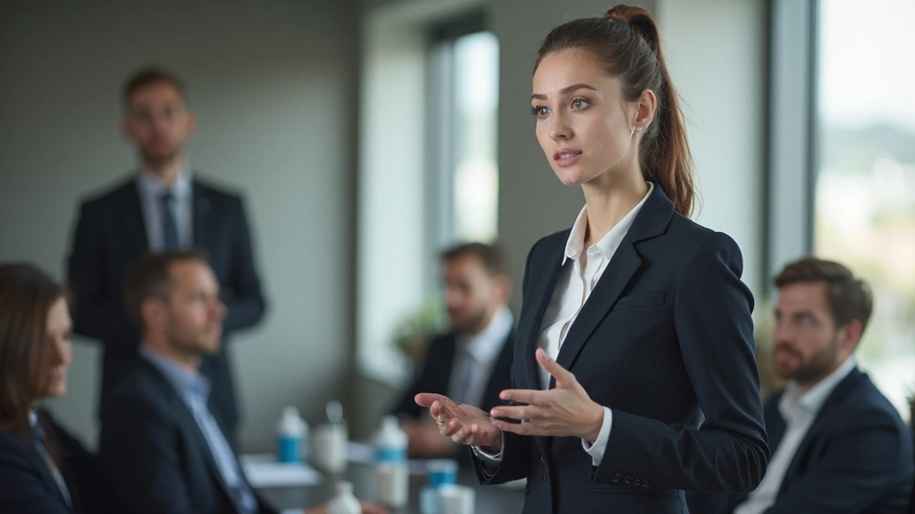 Professionele vrouw in formele kleding geeft presentatie in een bedrijfsruimte